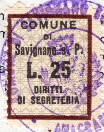 Marca da Bollo del Comune di SAVIGNANO SUL PANARO su Carta Bianca Sottile di dimensioni 18,5 x 26 mm