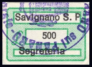 Marca da Bollo del Comune di SAVIGNANO SUL PANARO su Carta Bianca di dimensioni 18,5 x 12,5 mm
