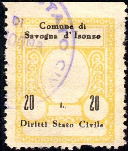Marca da Bollo del Comune di SAVOGNA D´ISONZO su Carta Bianca di dimensioni 23,5 x 29,5 mm