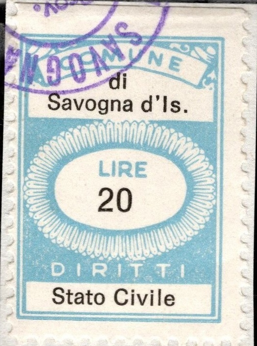 Marca da Bollo del Comune di SAVOGNA D´ISONZO su Carta Bianca di dimensioni 21 X 27 mm
