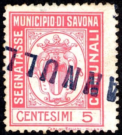 Marca da Bollo del Comune di SAVONA su Carta Bianca di dimensioni 21,5 x 26 mm