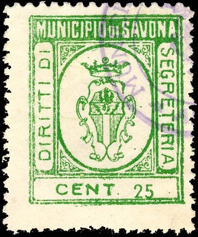 Marca da Bollo del Comune di SAVONA su Carta Bianca Sottile di dimensioni 21 x 27,5 mm