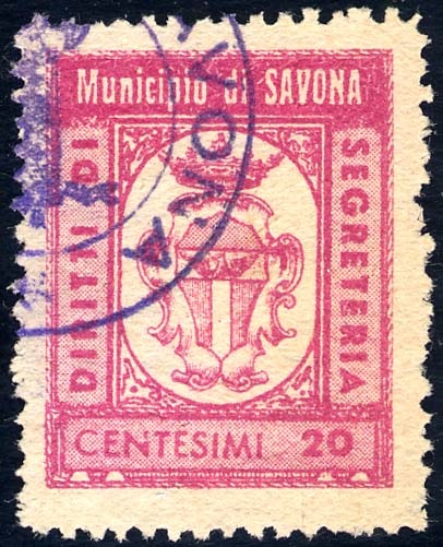 Marca da Bollo del Comune di SAVONA su Carta Bianca Sottile di dimensioni 21 x 27,5 mm