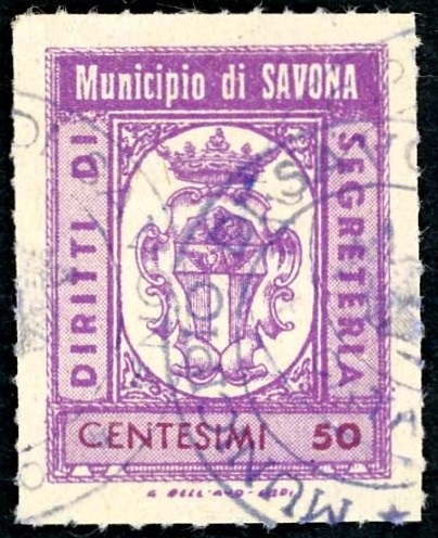 Marca da Bollo del Comune di SAVONA su Carta Bianca Sottile di dimensioni 21,5 x 28,5 mm