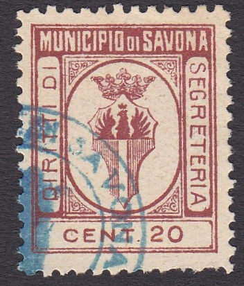 Marca da Bollo del Comune di SAVONA su Carta Bianca Sottile di dimensioni 22 x 27 mm