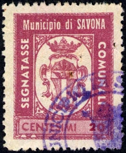 Marca da Bollo del Comune di SAVONA su Carta Bianca Sottile di dimensioni 22 x 27 mm
