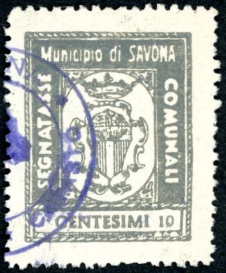 Marca da Bollo del Comune di SAVONA su Carta Bianca Sottile di dimensioni 23 x 28,5 mm