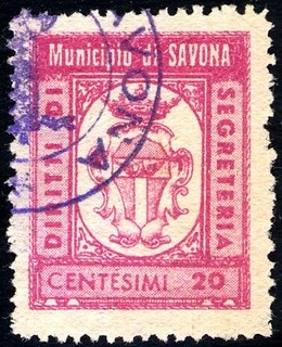 Marca da Bollo del Comune di SAVONA su Carta Bianca Sottile di dimensioni 23 x 28 mm