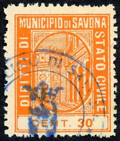 Marca da Bollo del Comune di SAVONA su Carta Bianca di dimensioni 22 x 27 mm