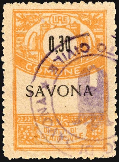 Marca da Bollo del Comune di SAVONA su Carta Bianca Sottile di dimensioni 22 X 33 mm