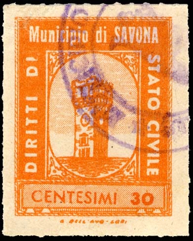 Marca da Bollo del Comune di SAVONA su Carta Bianca Sottile di dimensioni 22,5 x 29,5 mm