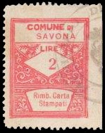 Marca da Bollo del Comune di SAVONA su Carta Bianca di dimensioni 21,5 x 28 mm