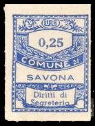 Marca da Bollo del Comune di SAVONA su Carta Bianca di dimensioni 22 x 28 mm