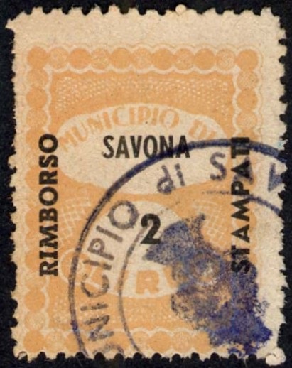 Marca da Bollo del Comune di SAVONA su Carta Bianca di dimensioni 23 x 30,5 mm