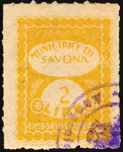 Marca da Bollo del Comune di SAVONA su Carta Bianca di dimensioni 22,5 x 30 mm