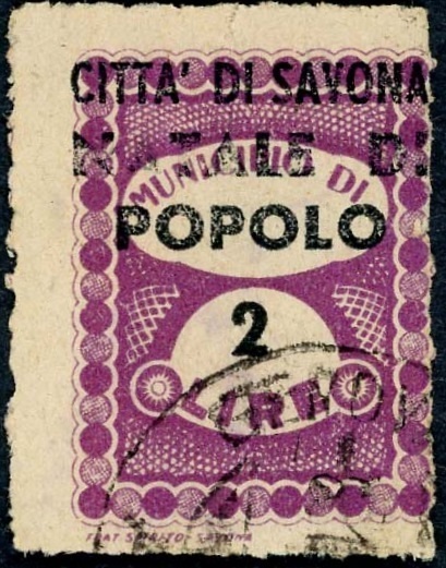 Marca da Bollo del Comune di SAVONA su Carta Bianca di dimensioni 22,5 x 30 mm