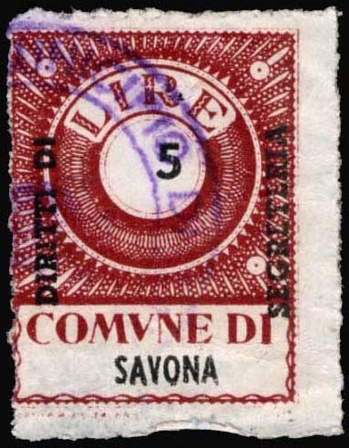 Marca da Bollo del Comune di SAVONA su Carta Bianca Sottile di dimensioni 22,5 x 30,5 mm
