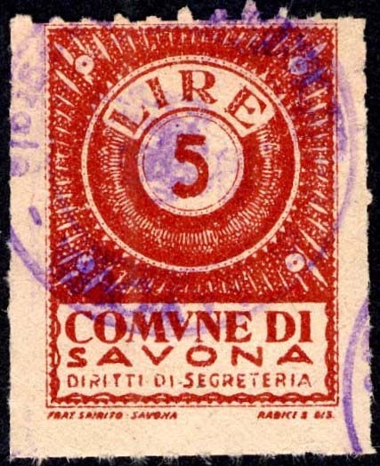 Marca da Bollo del Comune di SAVONA su Carta Bianca Sottile di dimensioni 22,5 x 30,5 mm