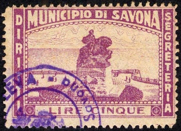 Marca da Bollo del Comune di SAVONA su Carta Bianca Sottile di dimensioni 38,5 x 26,5 mm