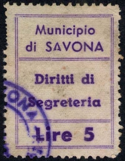 Marca da Bollo del Comune di SAVONA su Carta Bianca di dimensioni 22 x 30,5 mm
