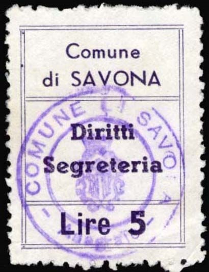 Marca da Bollo del Comune di SAVONA su Carta Bianca di dimensioni 22,5 x 31 mm