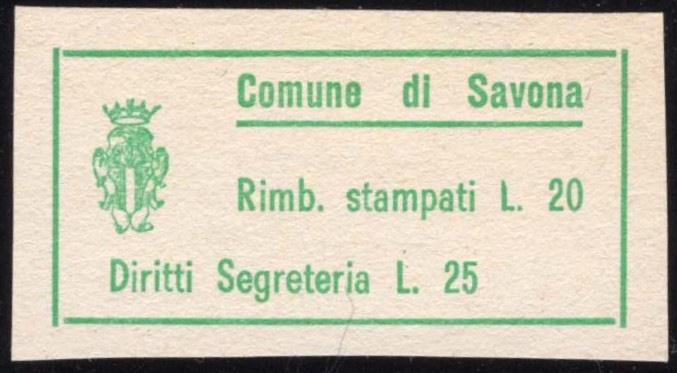 Marca da Bollo del Comune di SAVONA su Carta Bianca di dimensioni 42 x 15 mm