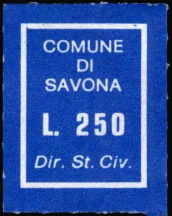 Marca da Bollo del Comune di SAVONA su Carta Bianca di dimensioni 17,5 x 22,5 mm