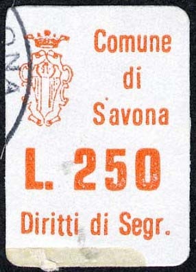 Marca da Bollo del Comune di SAVONA su Carta Bianca di dimensioni 15 x 20 mm