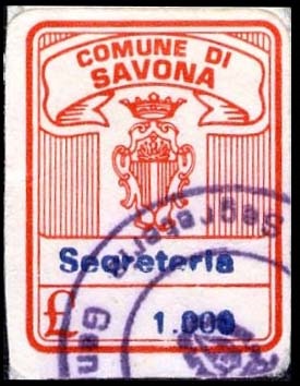 Marca da Bollo del Comune di SAVONA su Carta Bianca di dimensioni 16 x 21 mm
