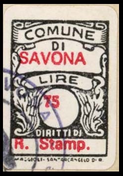 Marca da Bollo del Comune di SAVONA su Carta Bianca di dimensioni 16,5 x 21,5 mm