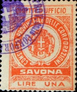 Marca da Bollo del Comune di SAVONA su Carta Bianca di dimensioni 23 x 29,5 mm