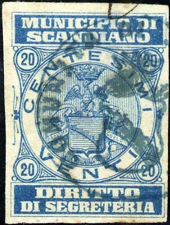 Marca da Bollo del Comune di SCANDIANO su Carta Bianca di dimensioni 21 x 28,5 mm