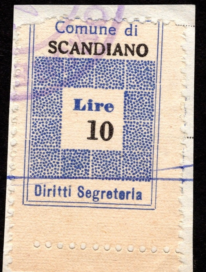 Marca da Bollo del Comune di SCANDIANO su Carta Bianca di dimensioni 21 x 28,5 mm