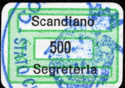 Marca da Bollo del Comune di SCANDIANO su Carta Bianca di dimensioni 19,5 x 15 mm