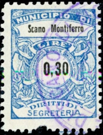 Marca da Bollo del Comune di SCANO DI MONTIFERRO su Carta Bianca di dimensioni 25,5 x 34 mm