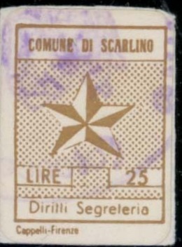 Marca da Bollo del Comune di SCARLINO su Carta Bianca di dimensioni 14 x 19,5 mm