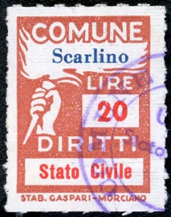 Marca da Bollo del Comune di SCARLINO su Carta Bianca Sottile di dimensioni 18,5 x 26 mm