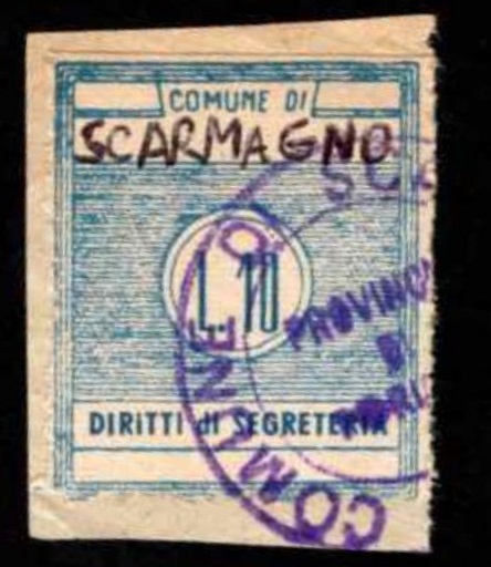 Marca da Bollo del Comune di SCARMAGNO su Carta Bianca di dimensioni 21 X 27 mm