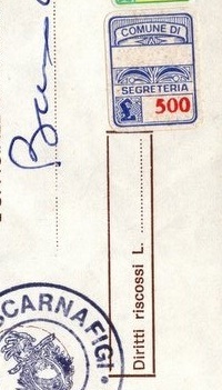 Marca da Bollo del Comune di SCARNAFIGI su Carta Bianca Sottile di dimensioni 15 x 22 mm