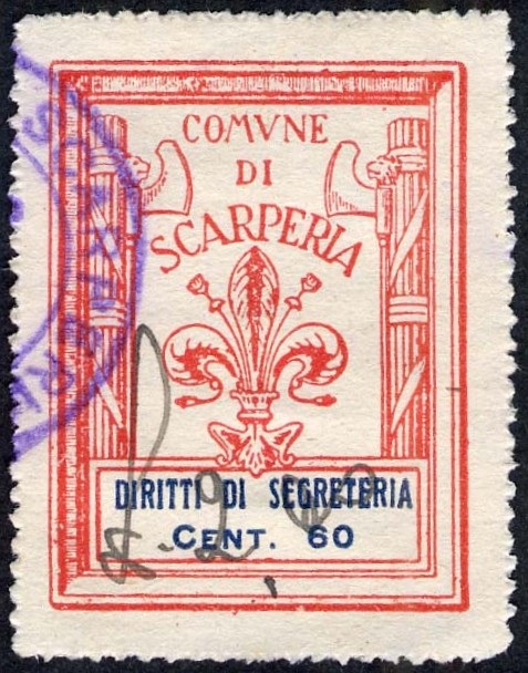 Marca da Bollo del Comune di SCARPERIA su Carta Bianca Sottile di dimensioni 25 x 33 mm