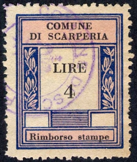 Marca da Bollo del Comune di SCARPERIA su Carta Bianca di dimensioni 23 X 30 mm