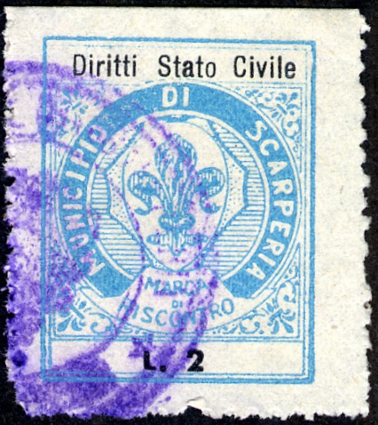 Marca da Bollo del Comune di SCARPERIA su Carta Bianca Sottile di dimensioni 21 x 26,5 mm