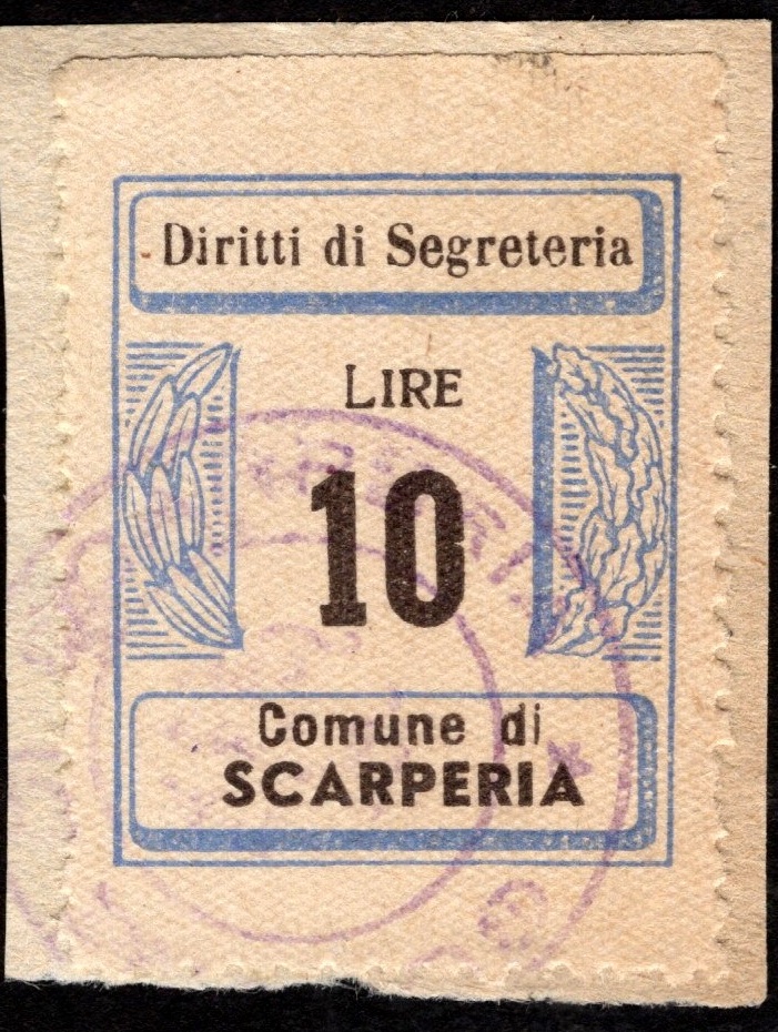 Marca da Bollo del Comune di SCARPERIA su Carta Bianca Sottile di dimensioni 21 x 26,5 mm