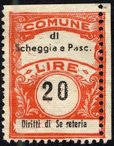 Marca da Bollo del Comune di SCHEGGIA E PASCELUPO su Carta Bianca di dimensioni 22,5 x 29 mm