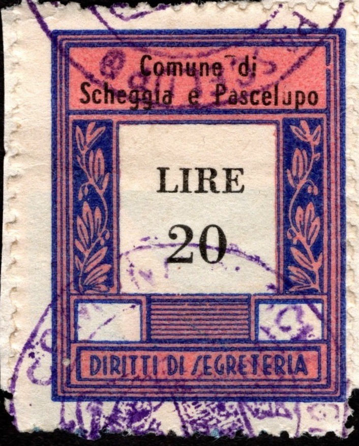 Marca da Bollo del Comune di SCHEGGIA E PASCELUPO su Carta Bianca di dimensioni 23 x 29 mm