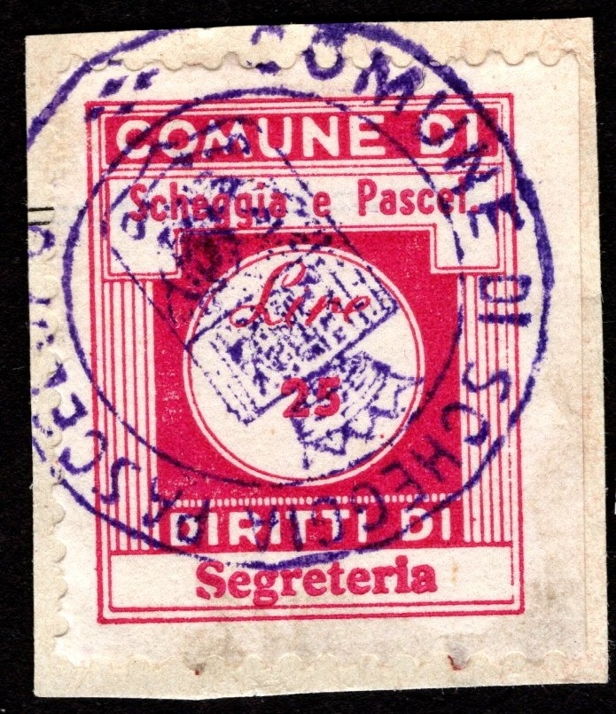 Marca da Bollo del Comune di SCHEGGIA E PASCELUPO su Carta Bianca di dimensioni 20 x 25 mm