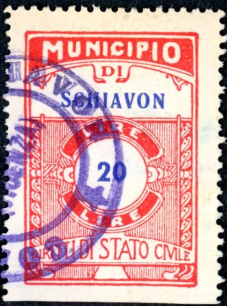Marca da Bollo del Comune di SCHIAVON su Carta Bianca di dimensioni 24 x 35,5 mm