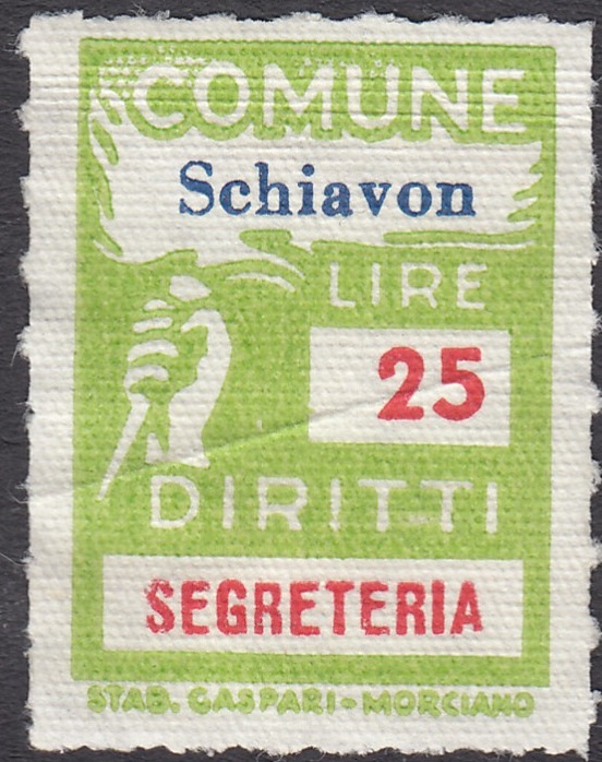 Marca da Bollo del Comune di SCHIAVON su Carta Bianca Sottile di dimensioni 18 x 26 mm
