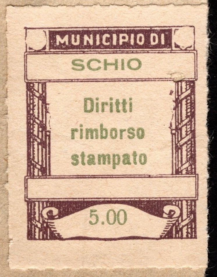 Marca da Bollo del Comune di SCHIO su Carta Bianca di dimensioni 22,5 x 28 mm