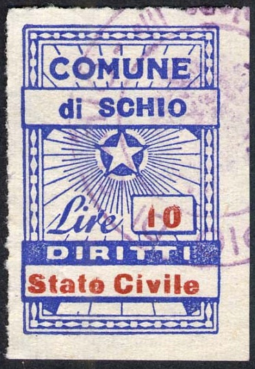 Marca da Bollo del Comune di SCHIO su Carta Bianca di dimensioni 19 x 31,5 mm
